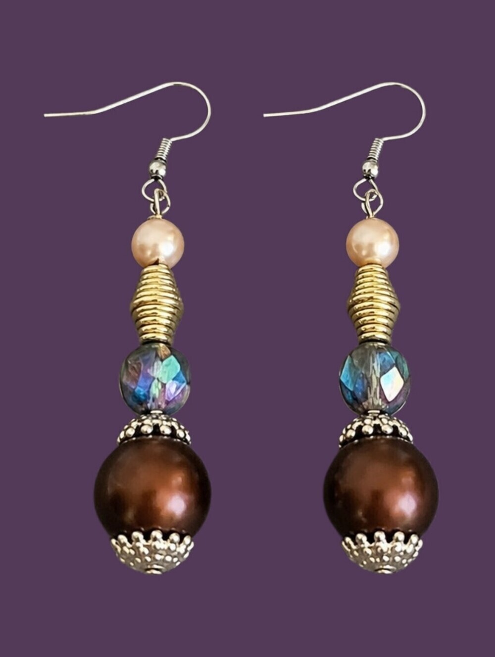 HANDMADE Bronze Goldtone Beaded Dangle Hook Earrings